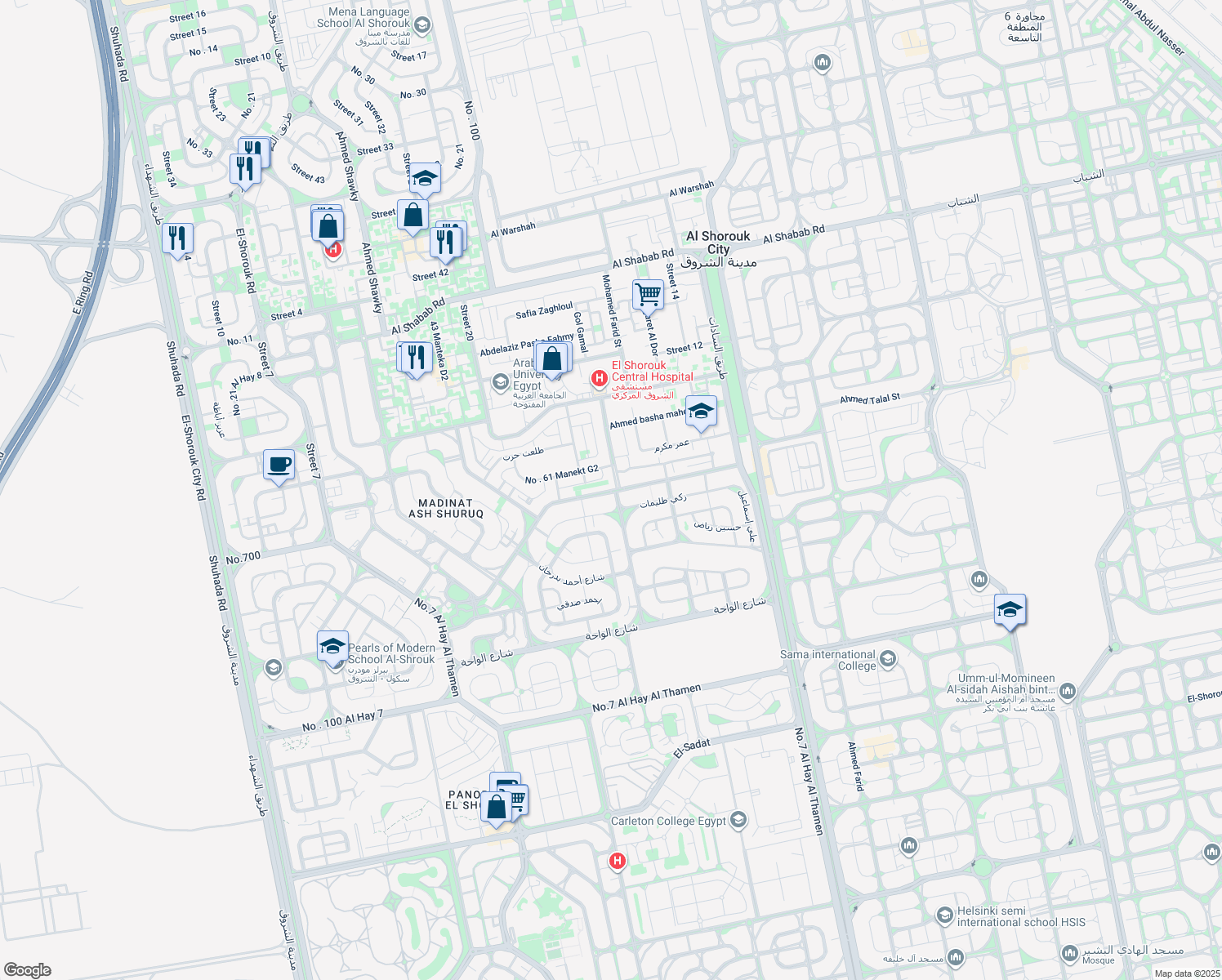 map of restaurants, bars, coffee shops, grocery stores, and more near الحى الثالث غرب شارع عبد المنعم واصل in El Shorouk