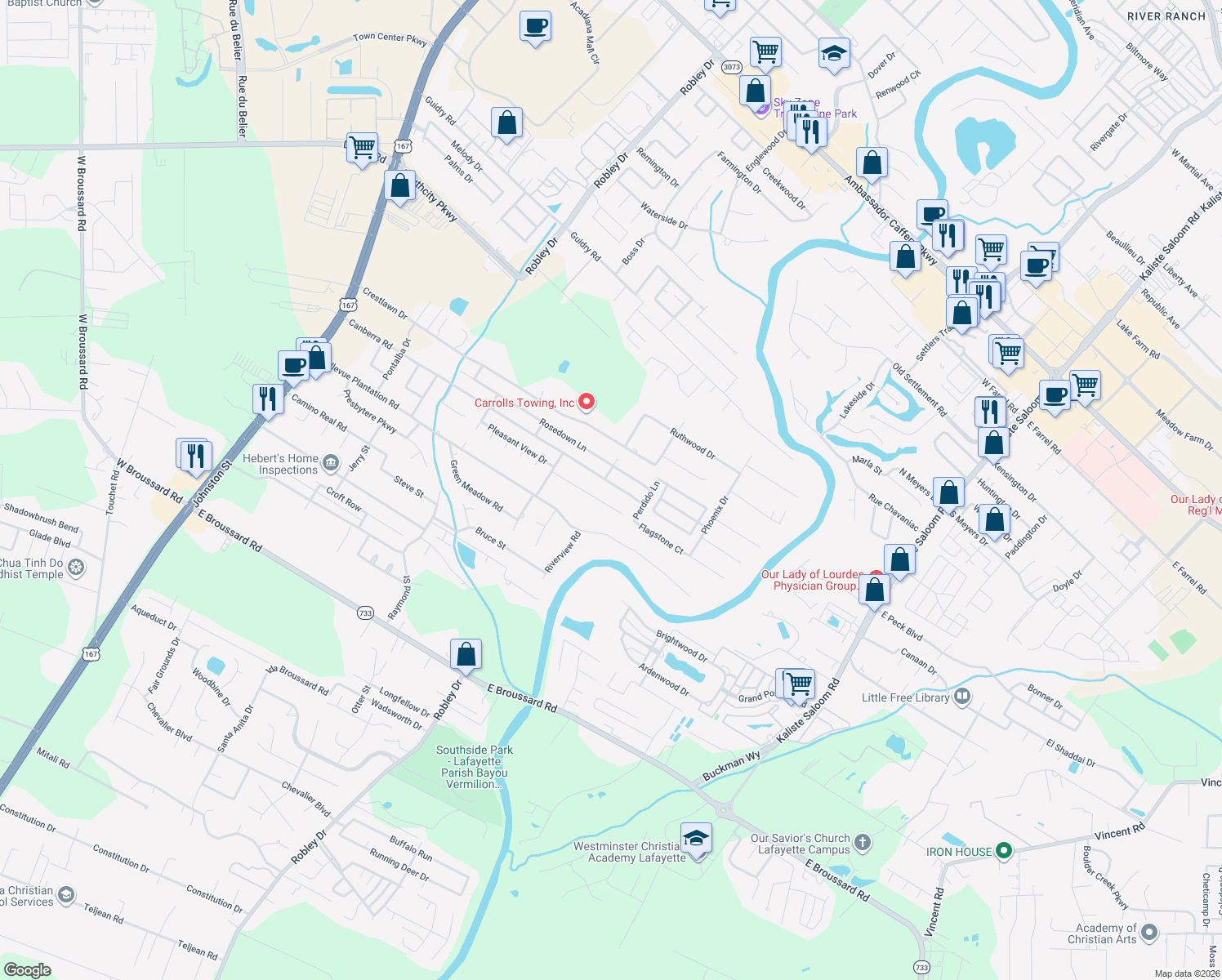 map of restaurants, bars, coffee shops, grocery stores, and more near 904 Canberra Road in Lafayette