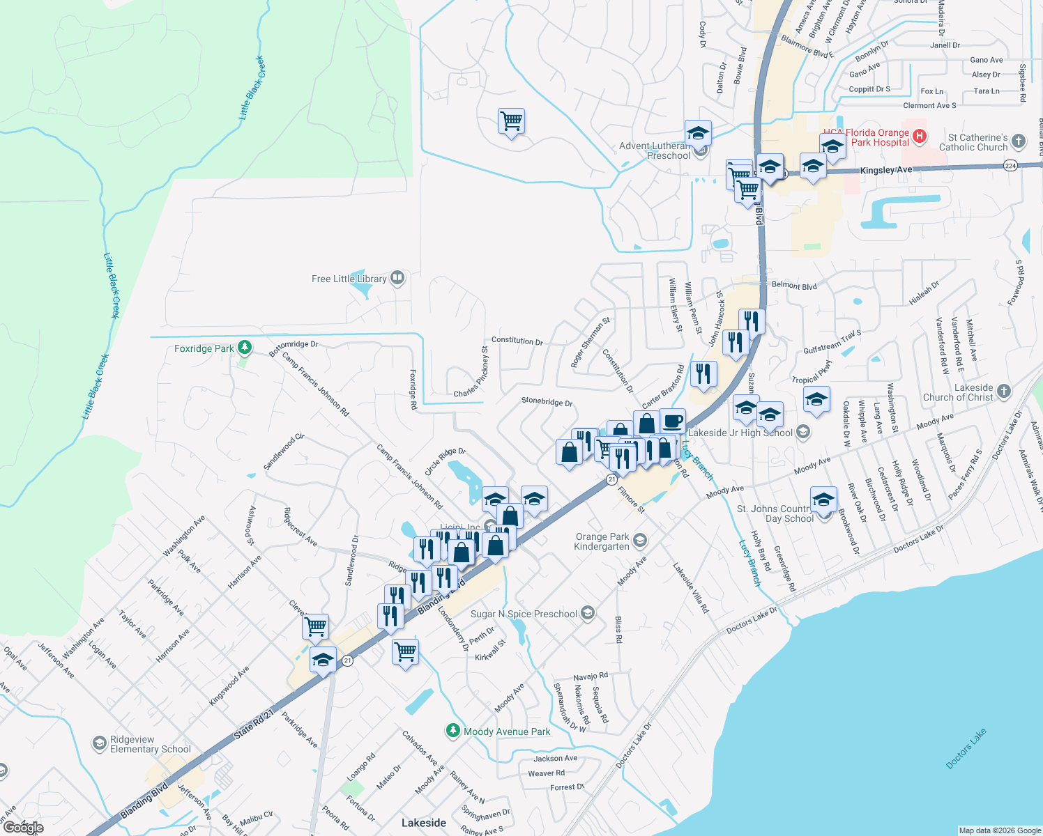 map of restaurants, bars, coffee shops, grocery stores, and more near 977 Cobblestone Dr in Orange Park