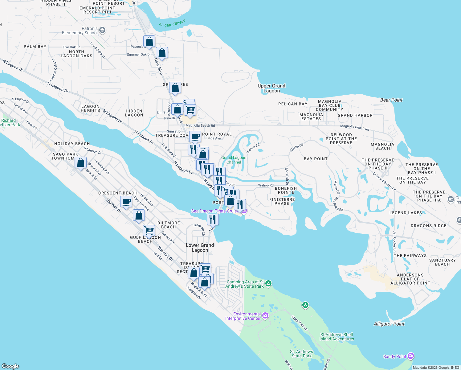 map of restaurants, bars, coffee shops, grocery stores, and more near 528 Wahoo Rd in Panama City