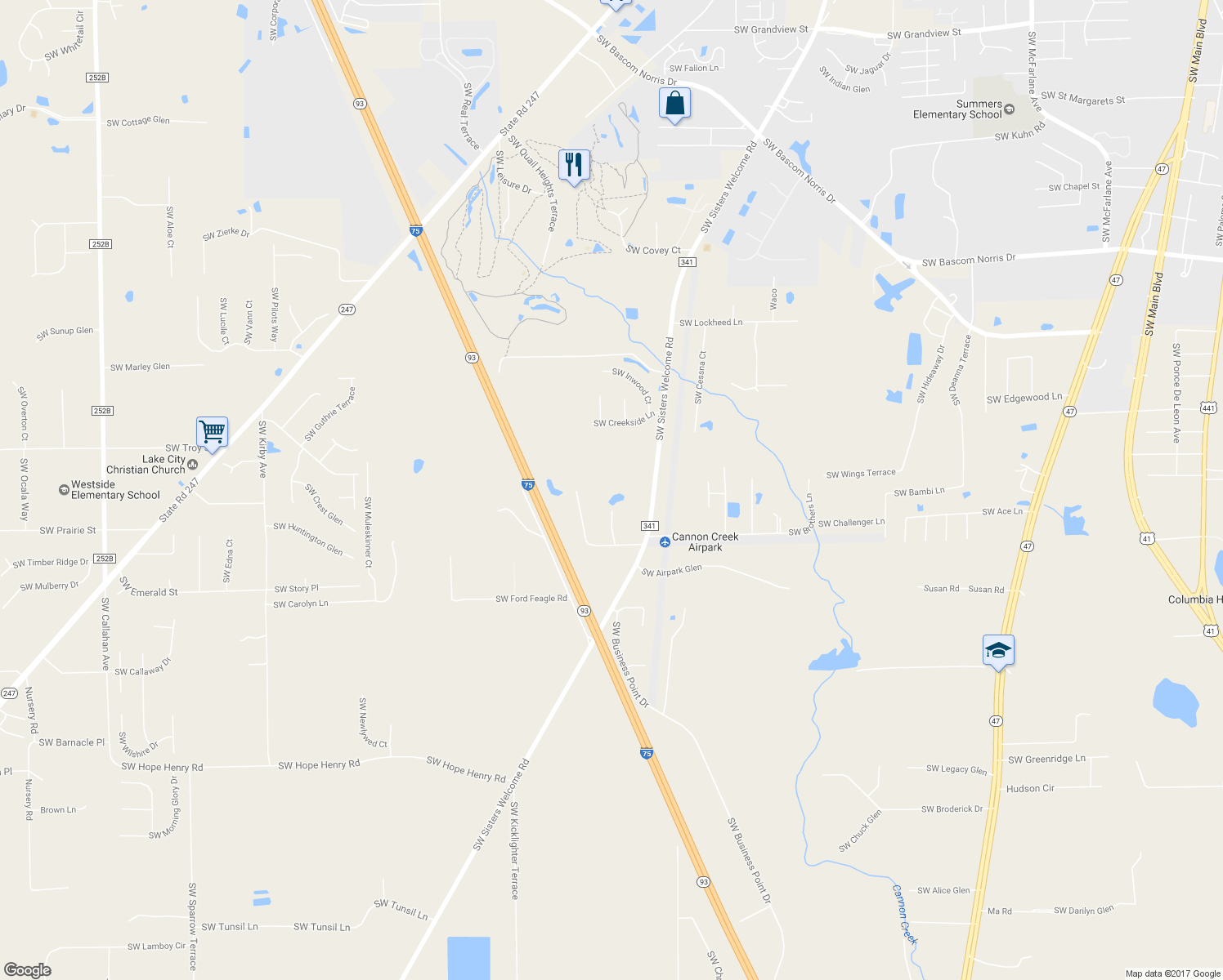 map of restaurants, bars, coffee shops, grocery stores, and more near 2240 Southwest Sisters Welcome Road in Lake City