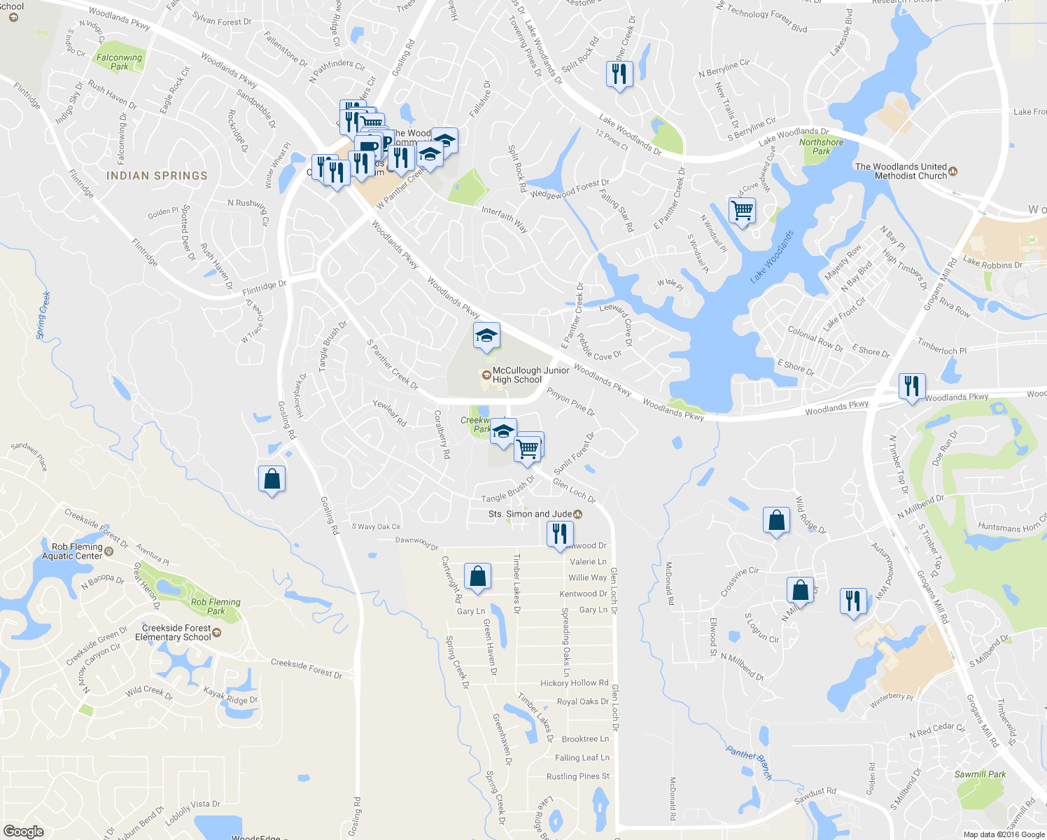 map of restaurants, bars, coffee shops, grocery stores, and more near 5 Cape Chestnut Drive in Spring