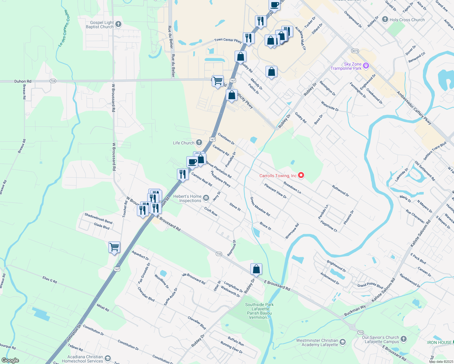 map of restaurants, bars, coffee shops, grocery stores, and more near 301 Presbytere Pkwy in Lafayette