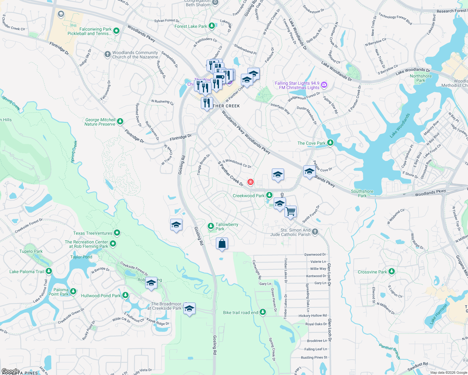 map of restaurants, bars, coffee shops, grocery stores, and more near 14 Basal Briar Court in Spring