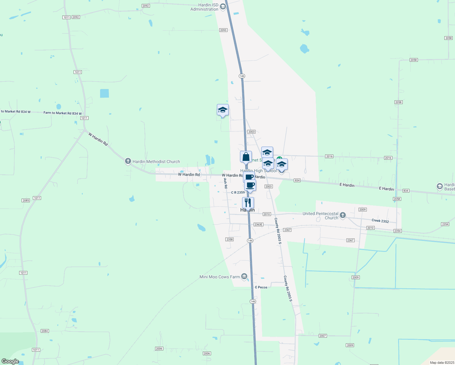 map of restaurants, bars, coffee shops, grocery stores, and more near 145 County Road 2358 in Liberty