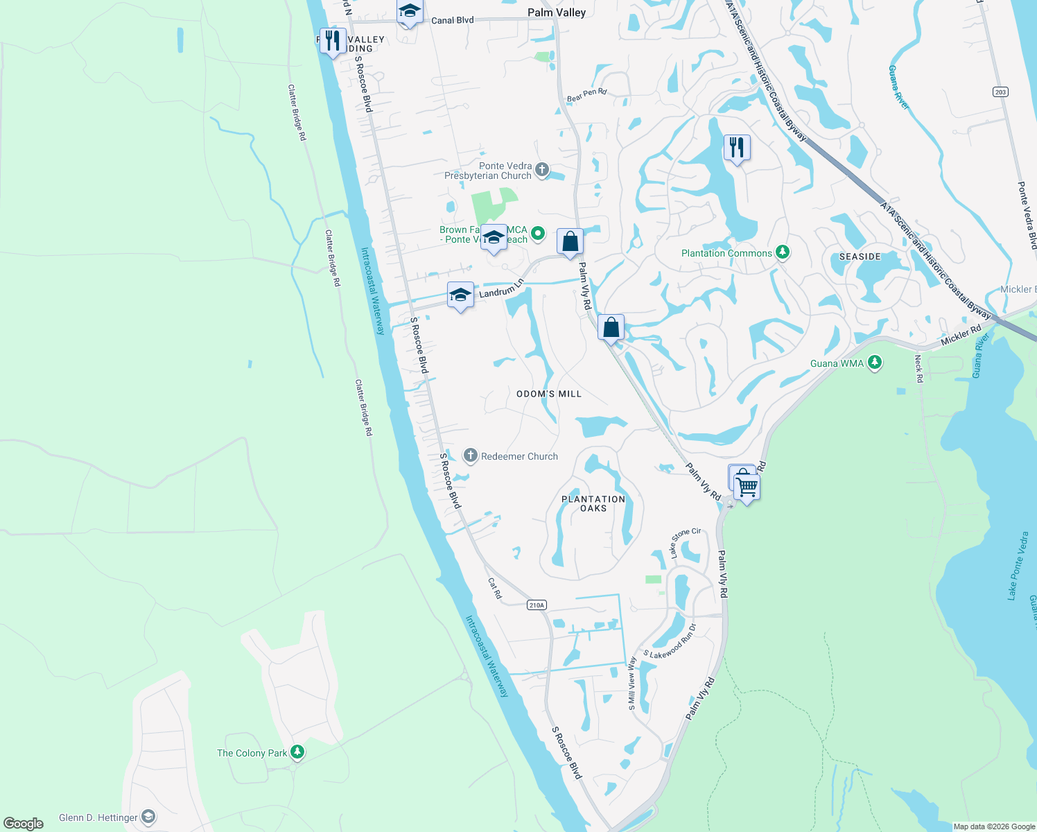 map of restaurants, bars, coffee shops, grocery stores, and more near 809 Mill Stream Road in Ponte Vedra Beach