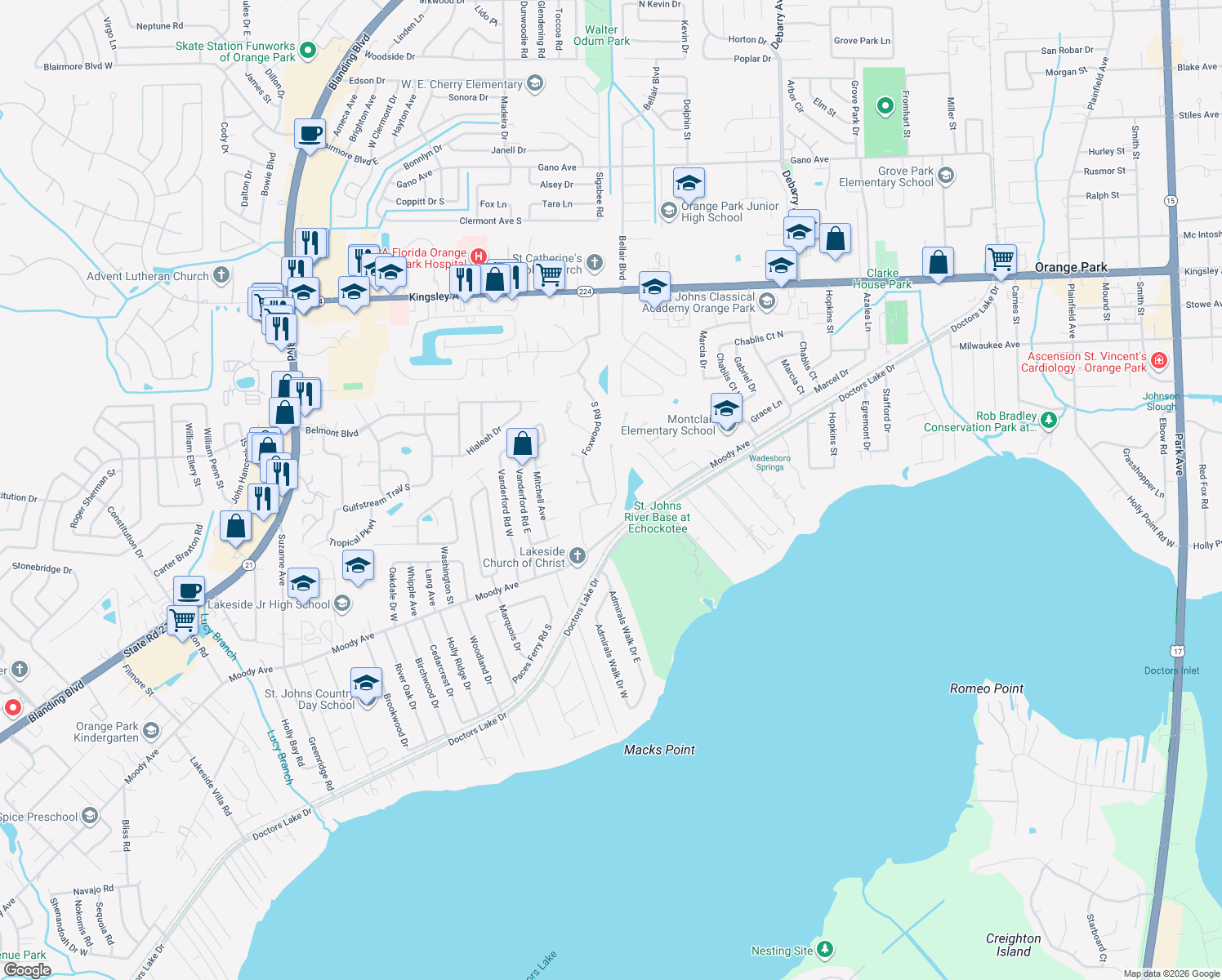 map of restaurants, bars, coffee shops, grocery stores, and more near 2628 Sigma Court in Orange Park