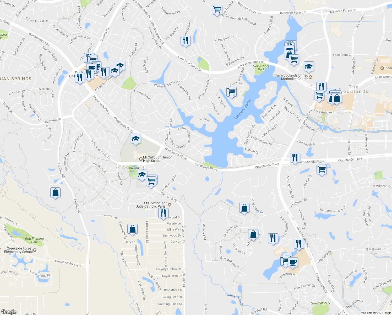 map of restaurants, bars, coffee shops, grocery stores, and more near 99 West Racing Cloud Court in Spring