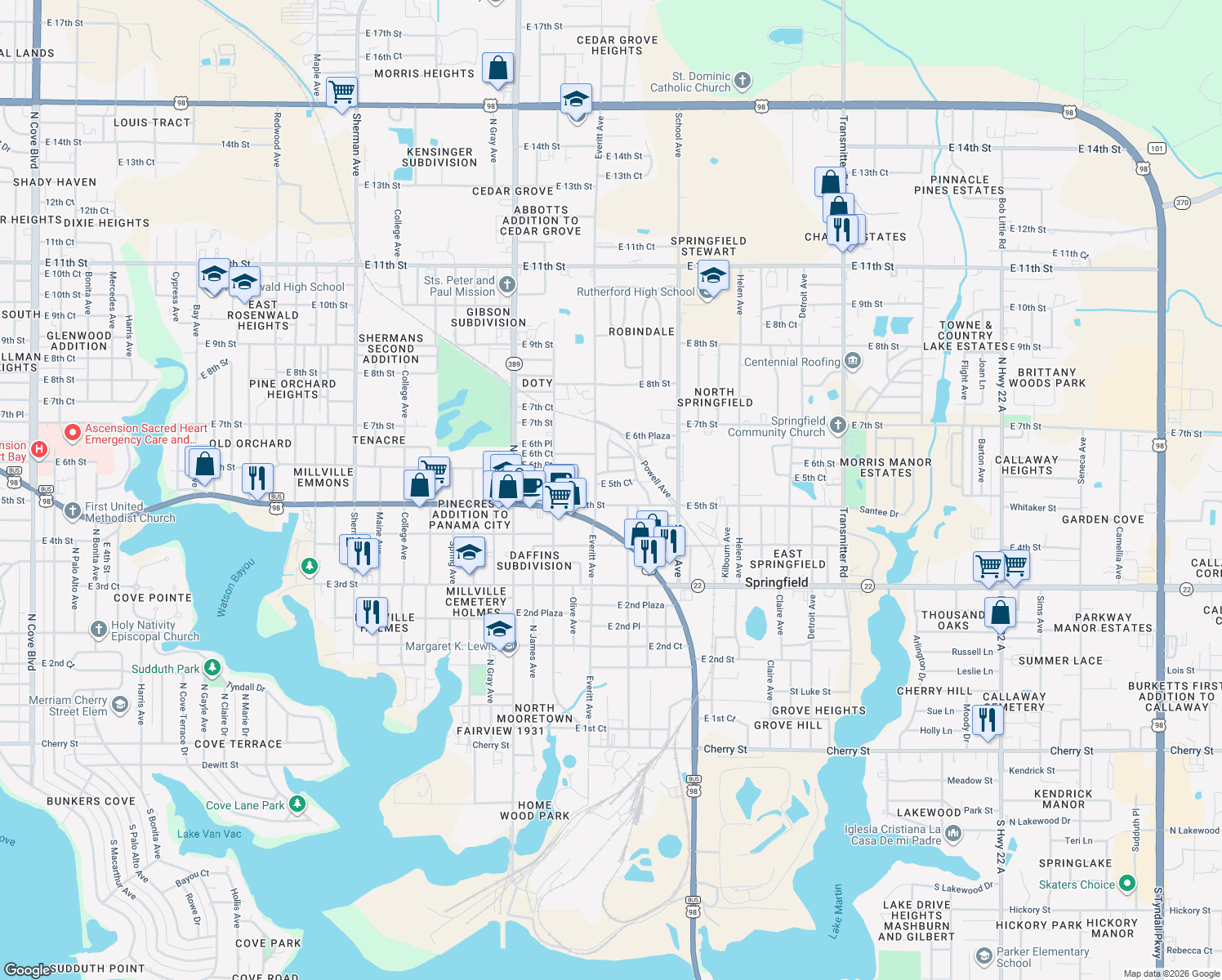 map of restaurants, bars, coffee shops, grocery stores, and more near 3108 East 5th Court in Panama City