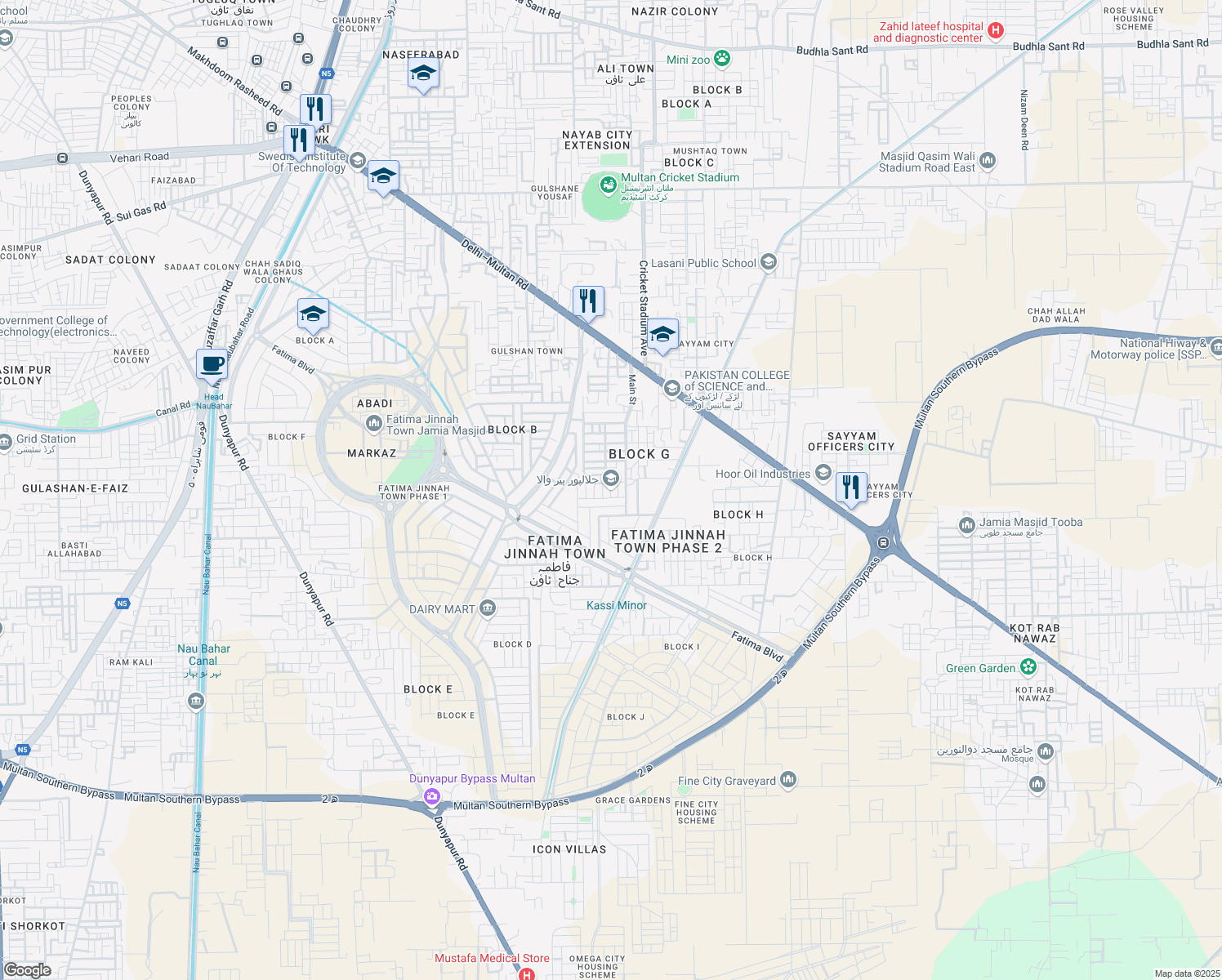 map of restaurants, bars, coffee shops, grocery stores, and more near in Multan