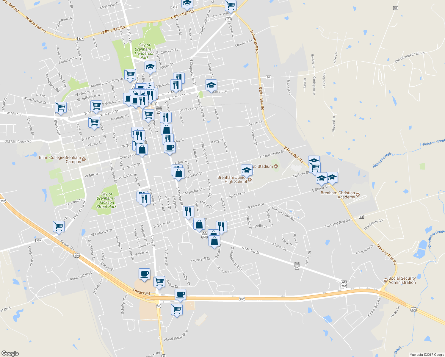 map of restaurants, bars, coffee shops, grocery stores, and more near 1503 South Chappell Hill Street in Brenham