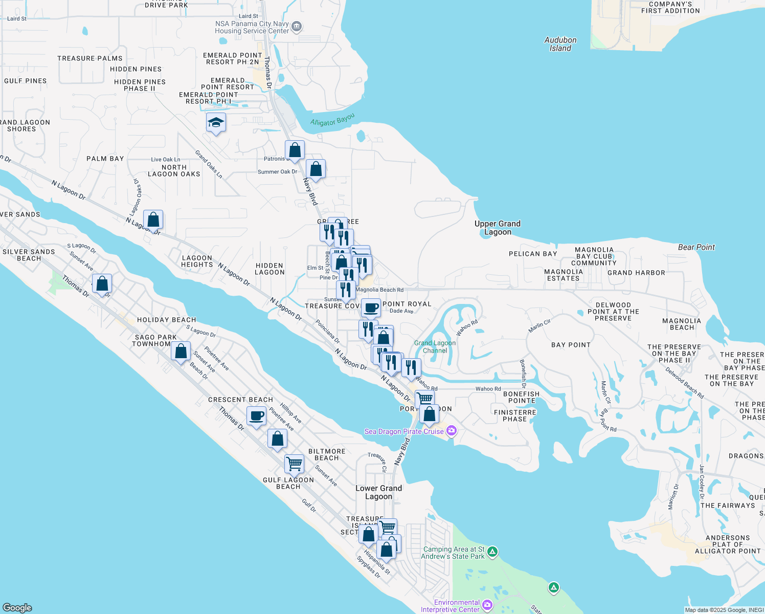 map of restaurants, bars, coffee shops, grocery stores, and more near 2617 Albert Avenue in Panama City