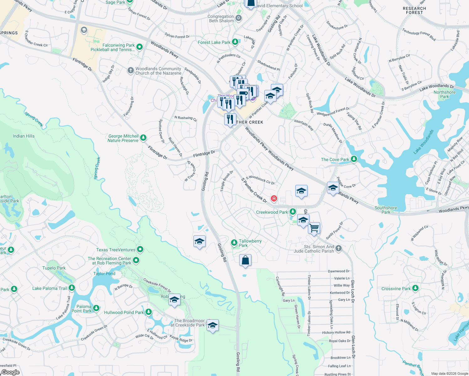 map of restaurants, bars, coffee shops, grocery stores, and more near 28 South Cypress Pine Drive in Spring