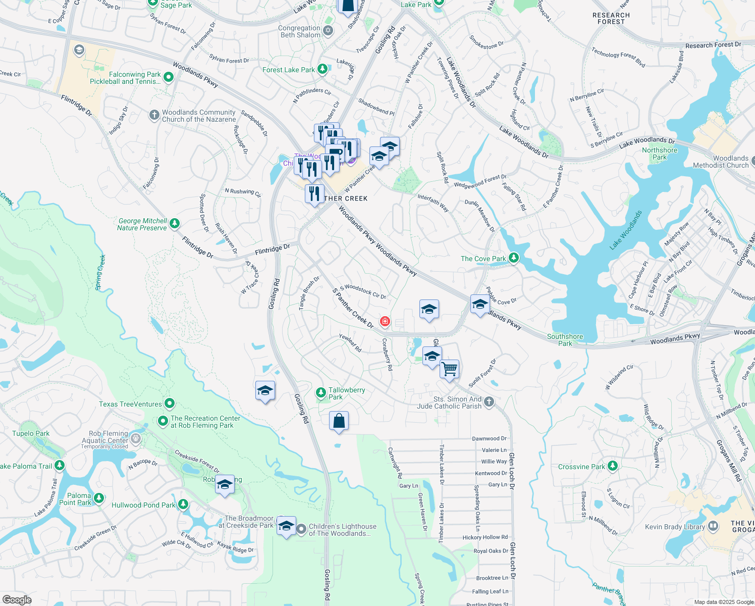 map of restaurants, bars, coffee shops, grocery stores, and more near 10 Pineash Ct in Spring