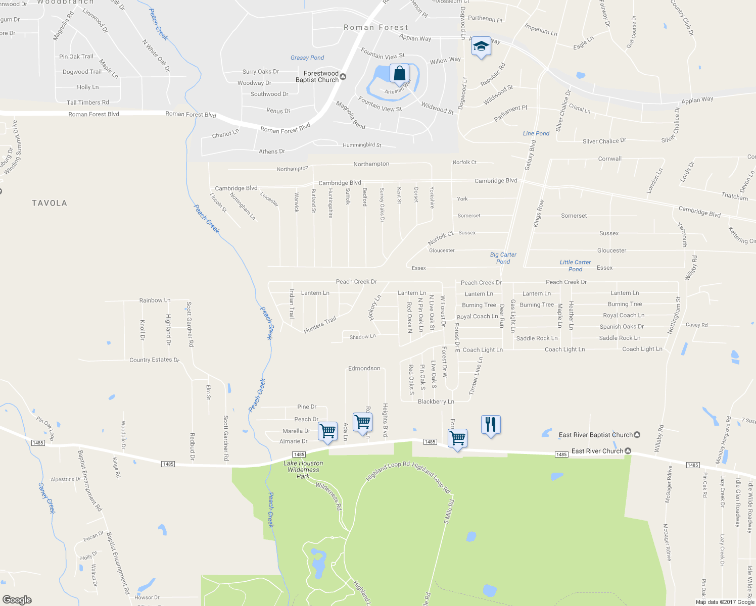 map of restaurants, bars, coffee shops, grocery stores, and more near 261 Pine Lane in New Caney