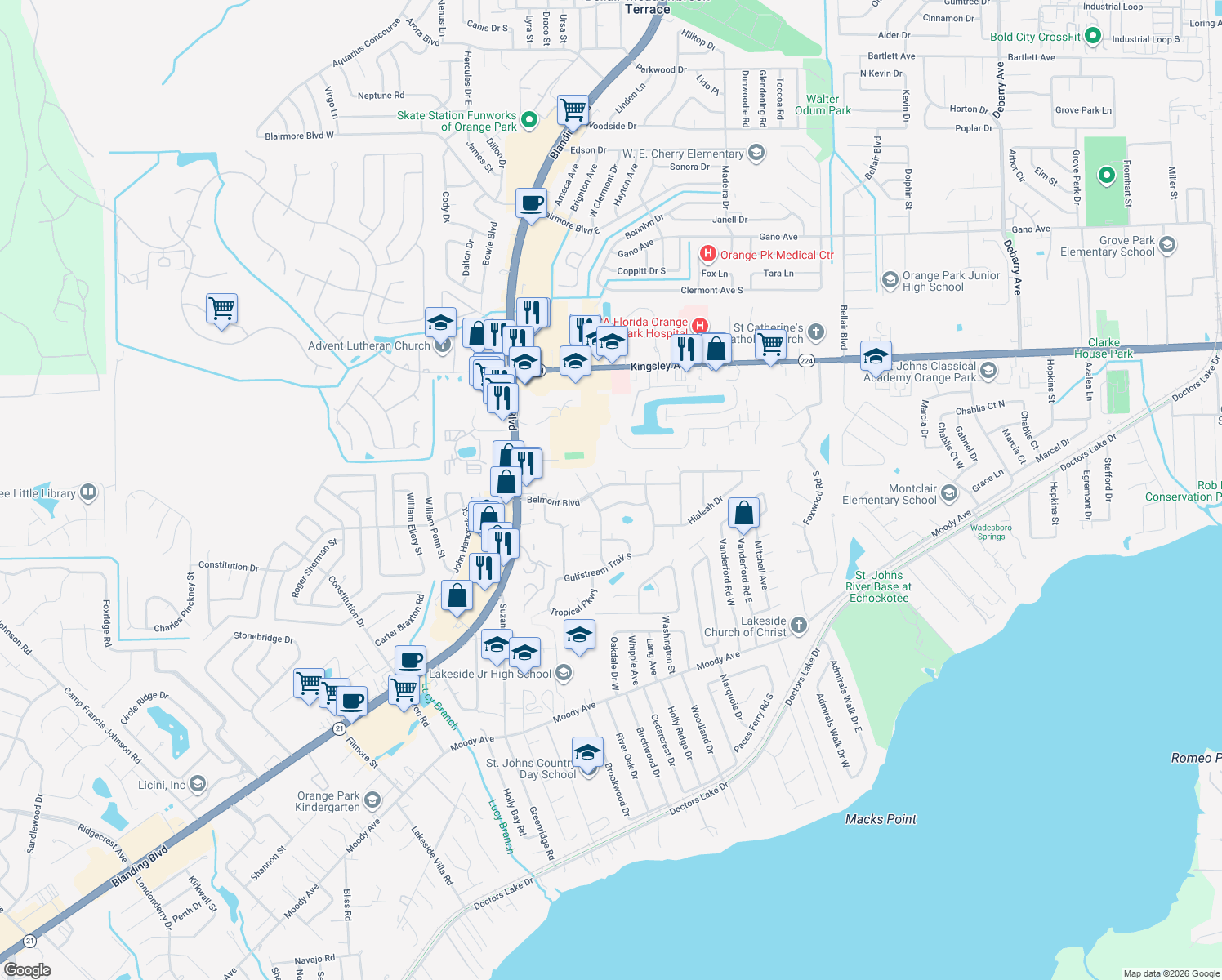 map of restaurants, bars, coffee shops, grocery stores, and more near 64 Belmont Boulevard in Orange Park