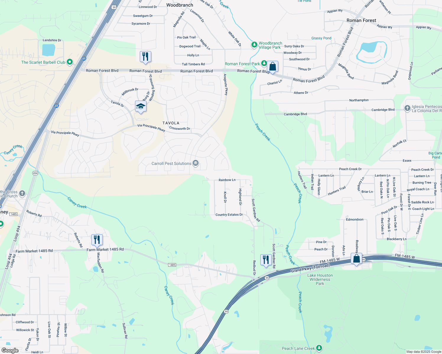 map of restaurants, bars, coffee shops, grocery stores, and more near 24961 Rainbow Lane in New Caney