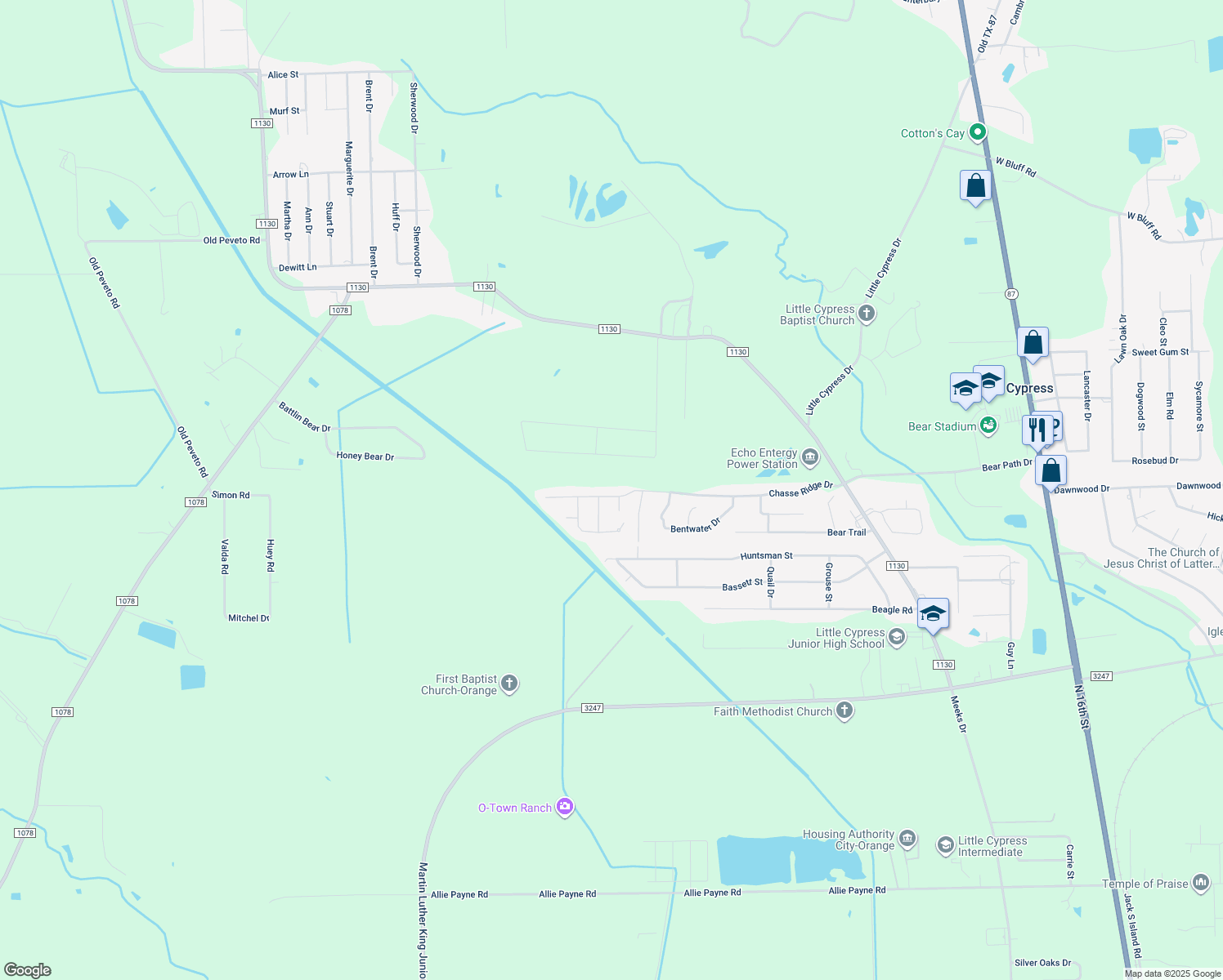 map of restaurants, bars, coffee shops, grocery stores, and more near 3210 Chasse Ridge Drive in Orange