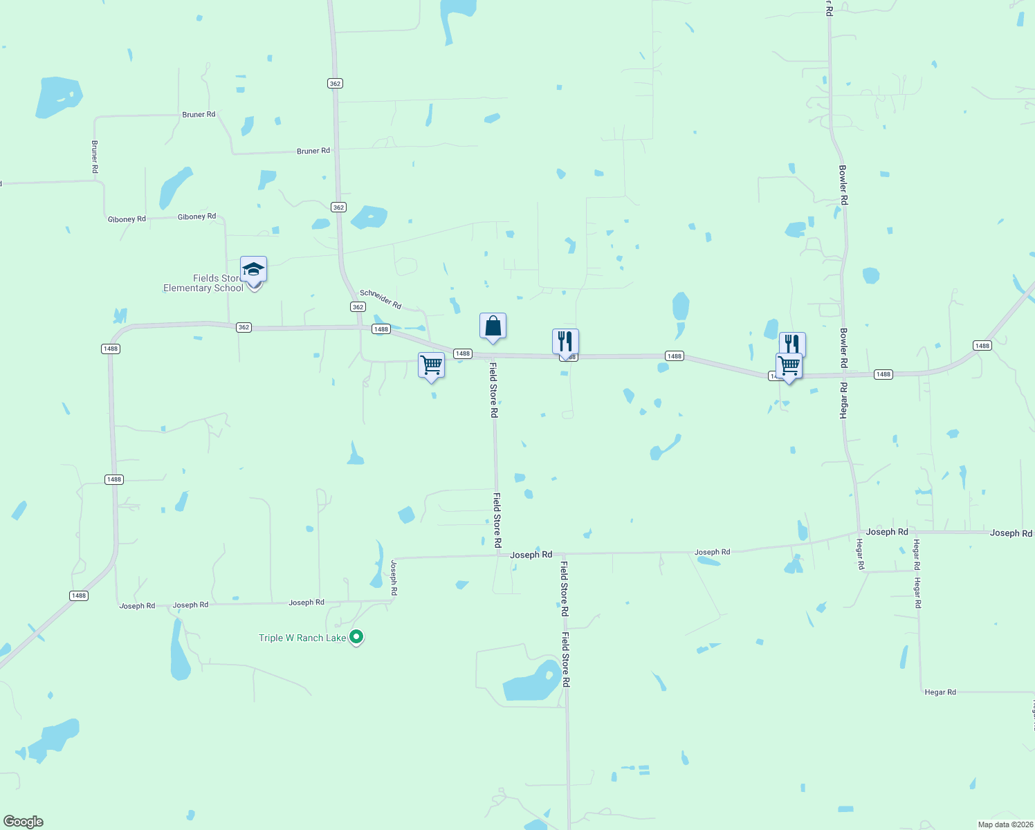 map of restaurants, bars, coffee shops, grocery stores, and more near 27186 Fields Store Road in Waller