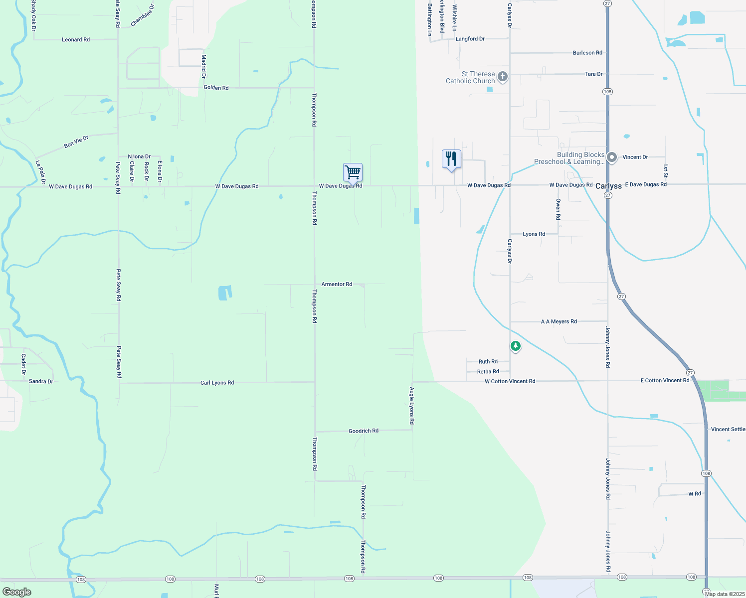 map of restaurants, bars, coffee shops, grocery stores, and more near 1055 Armentor Road in Sulphur