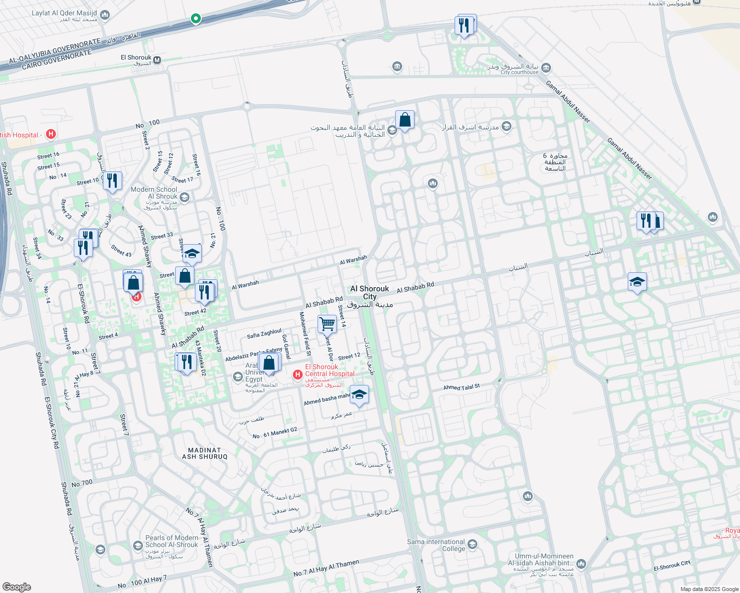 map of restaurants, bars, coffee shops, grocery stores, and more near in Al Shorouk City