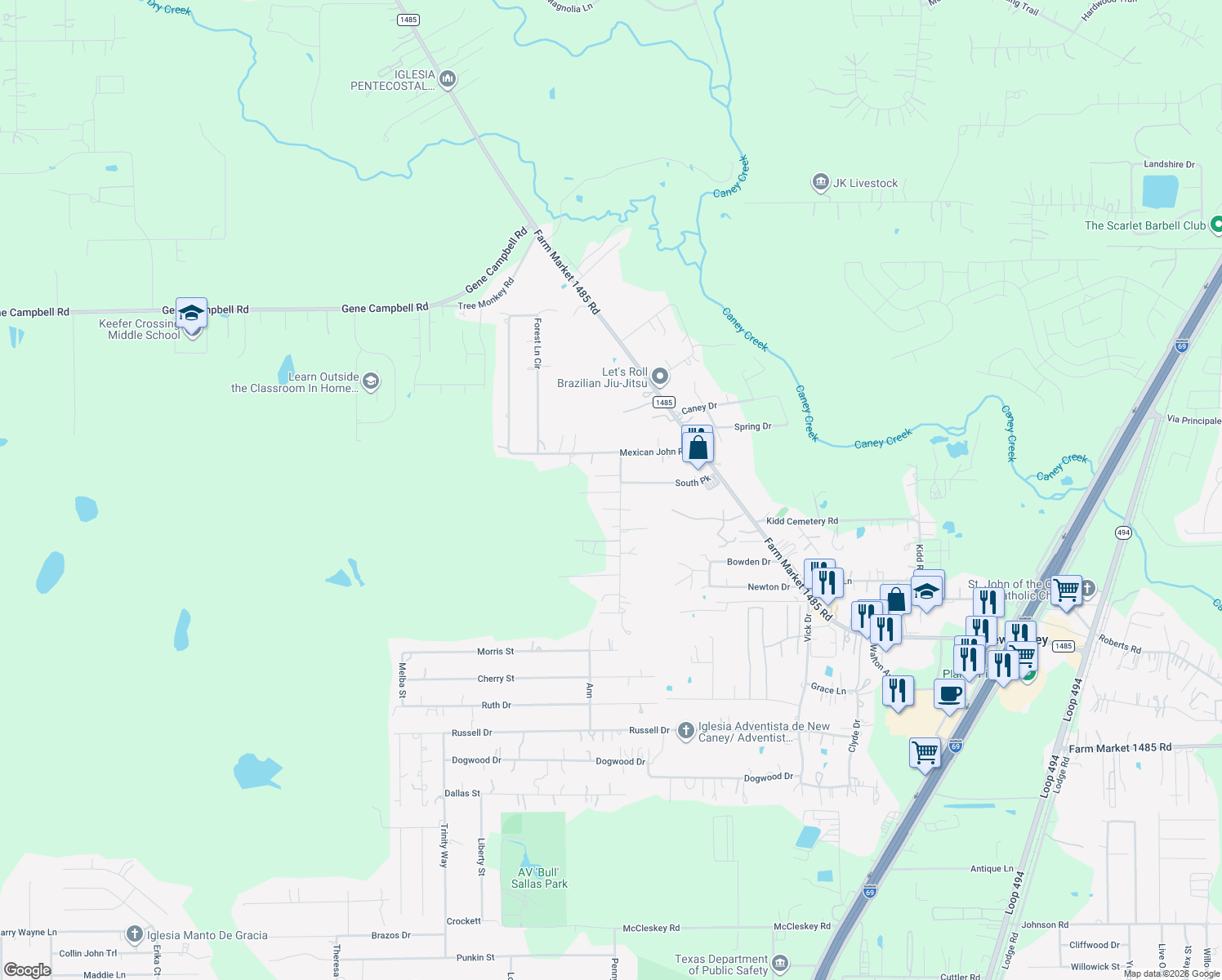 map of restaurants, bars, coffee shops, grocery stores, and more near 19662 Espinosa Lane in New Caney