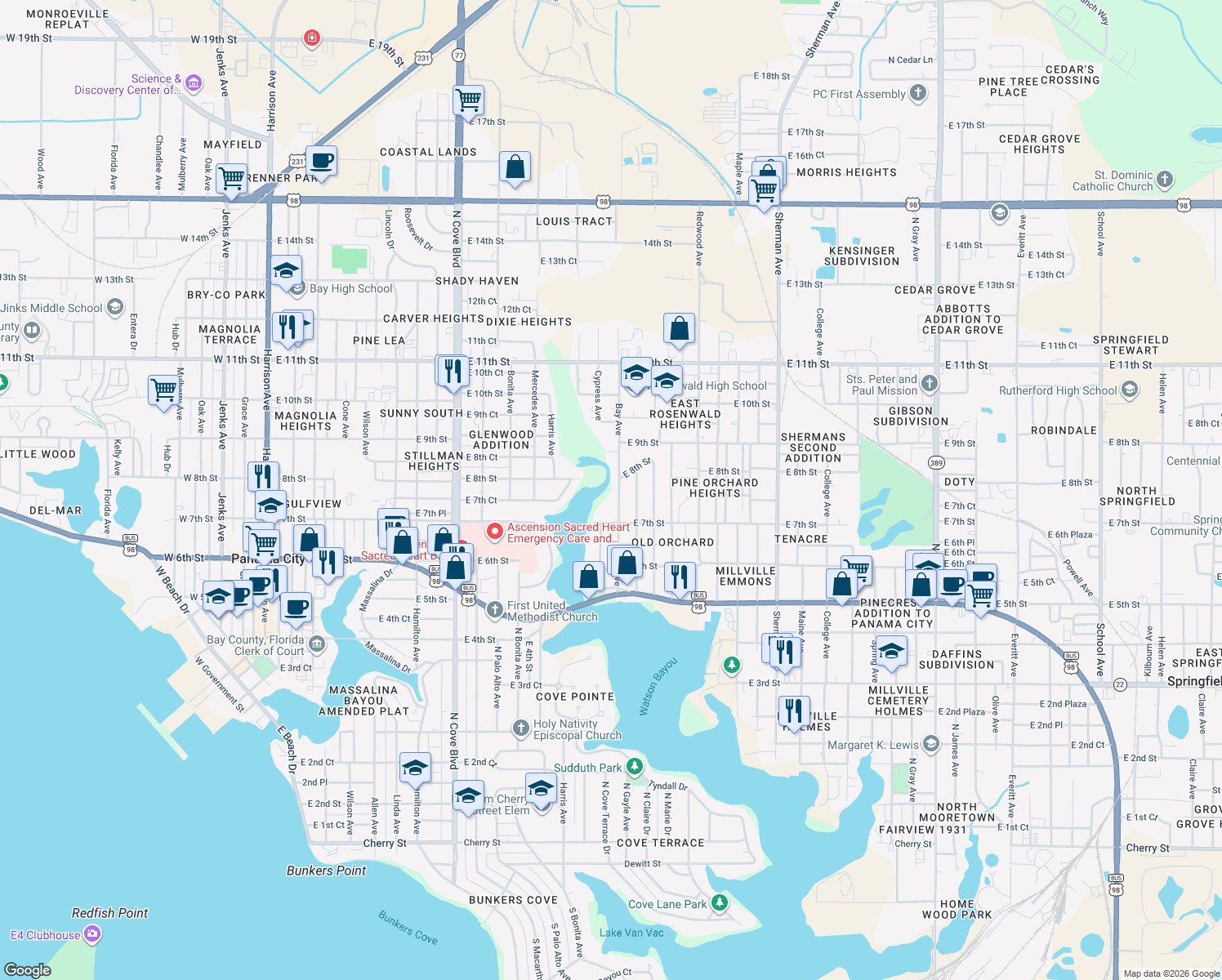 map of restaurants, bars, coffee shops, grocery stores, and more near 735 Bay Avenue in Panama City