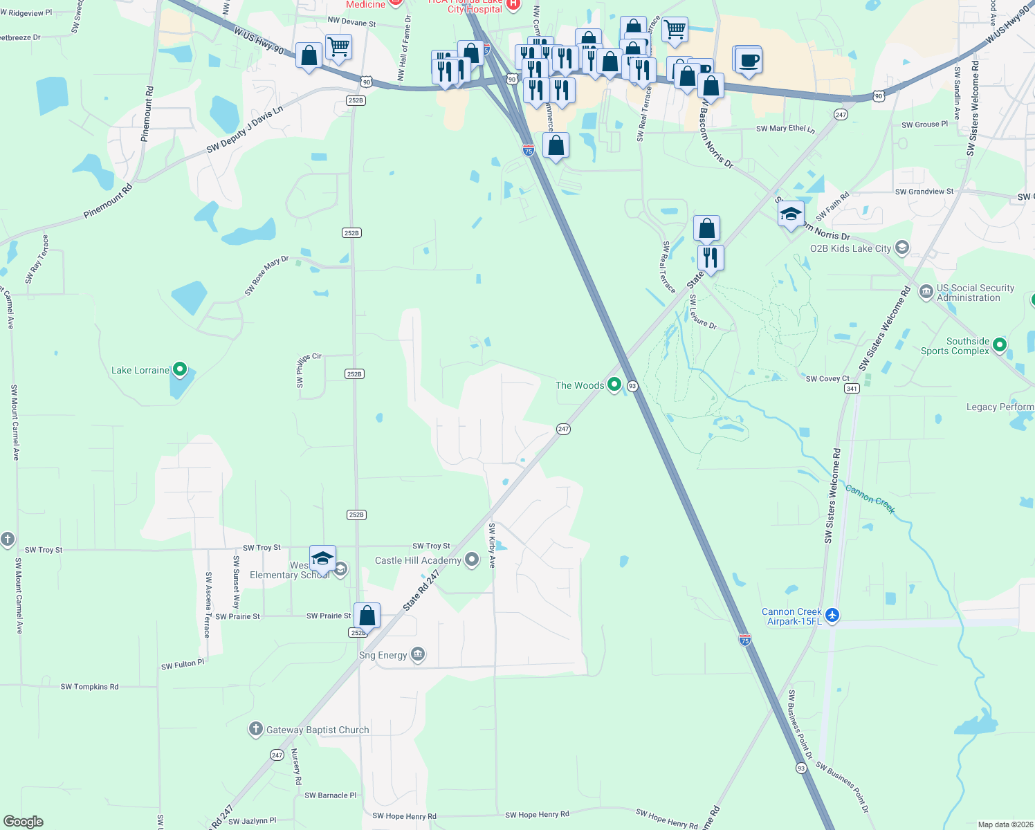 map of restaurants, bars, coffee shops, grocery stores, and more near 197 Southwest Sarah Court in Lake City