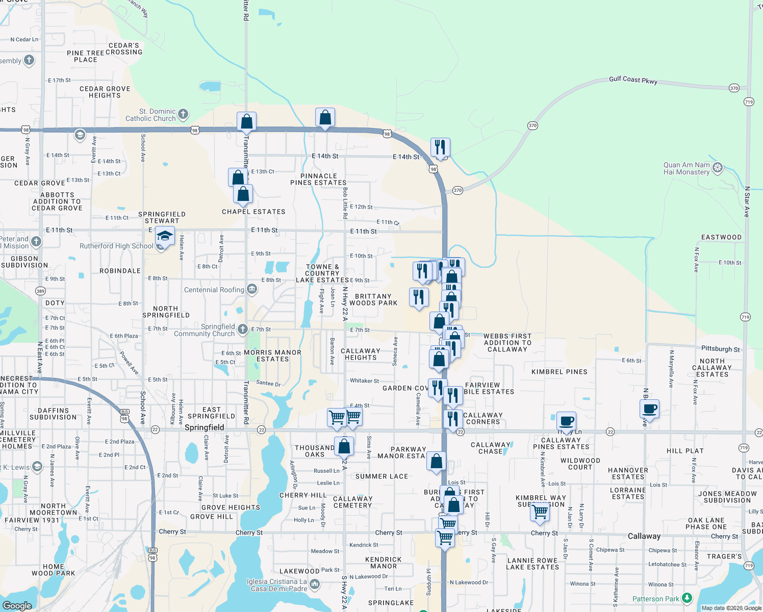 map of restaurants, bars, coffee shops, grocery stores, and more near 118 Byrd Drive in Panama City