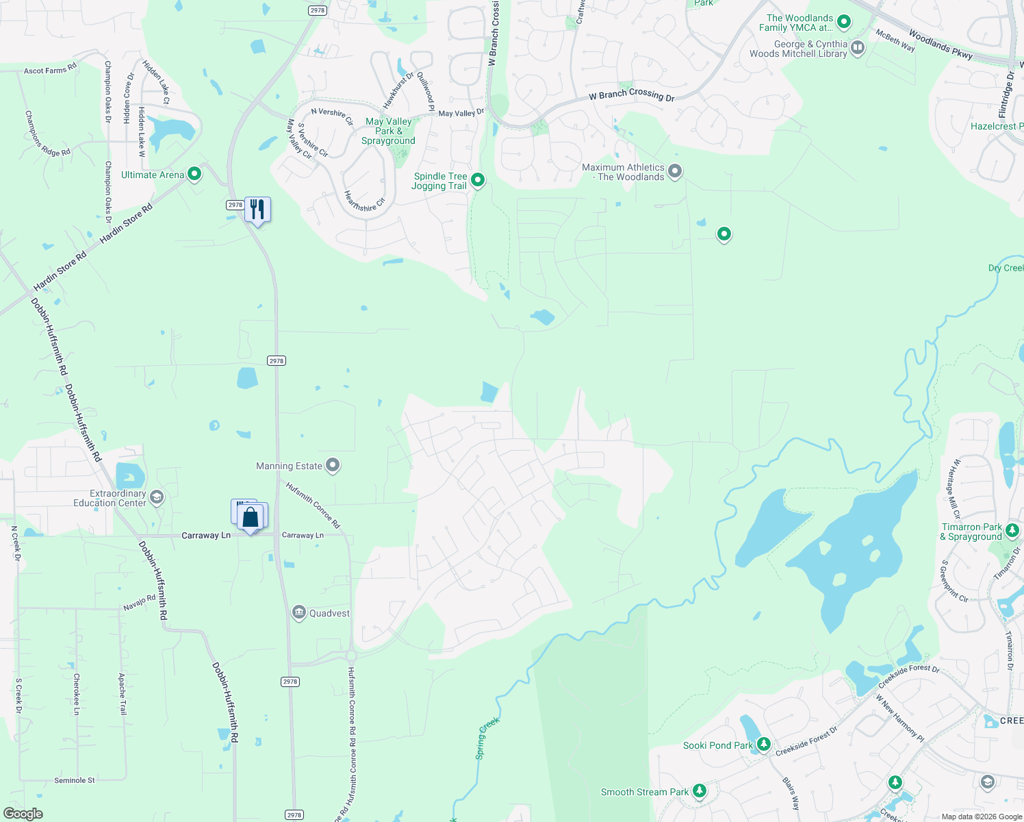 map of restaurants, bars, coffee shops, grocery stores, and more near 27601 Dry Creek Road in Magnolia