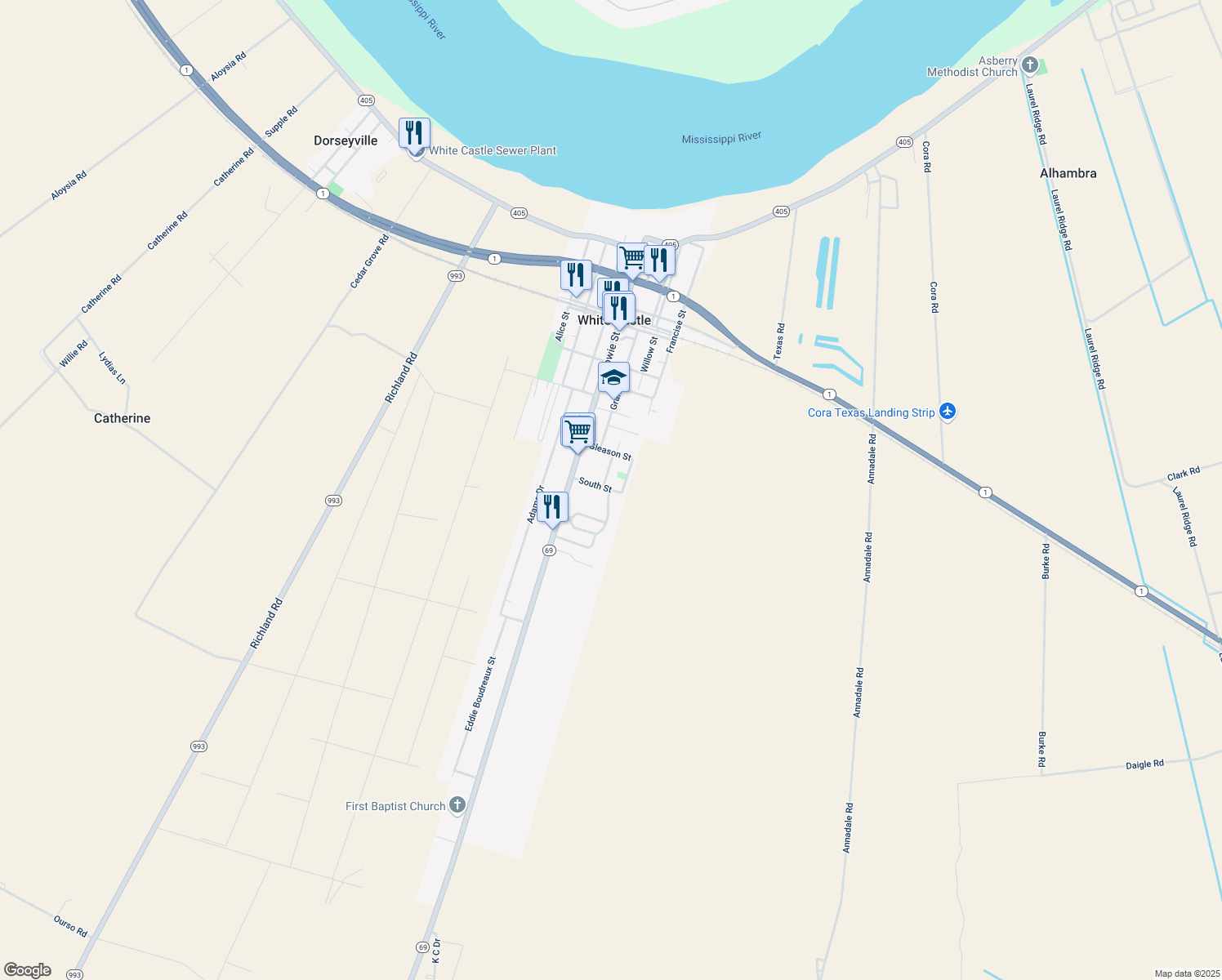 map of restaurants, bars, coffee shops, grocery stores, and more near 54905 South Street in White Castle