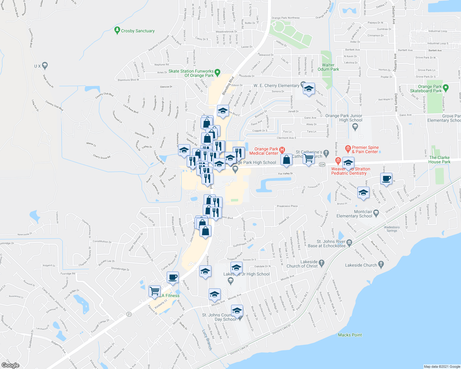 map of restaurants, bars, coffee shops, grocery stores, and more near 2300 Kingsley Avenue in Orange Park