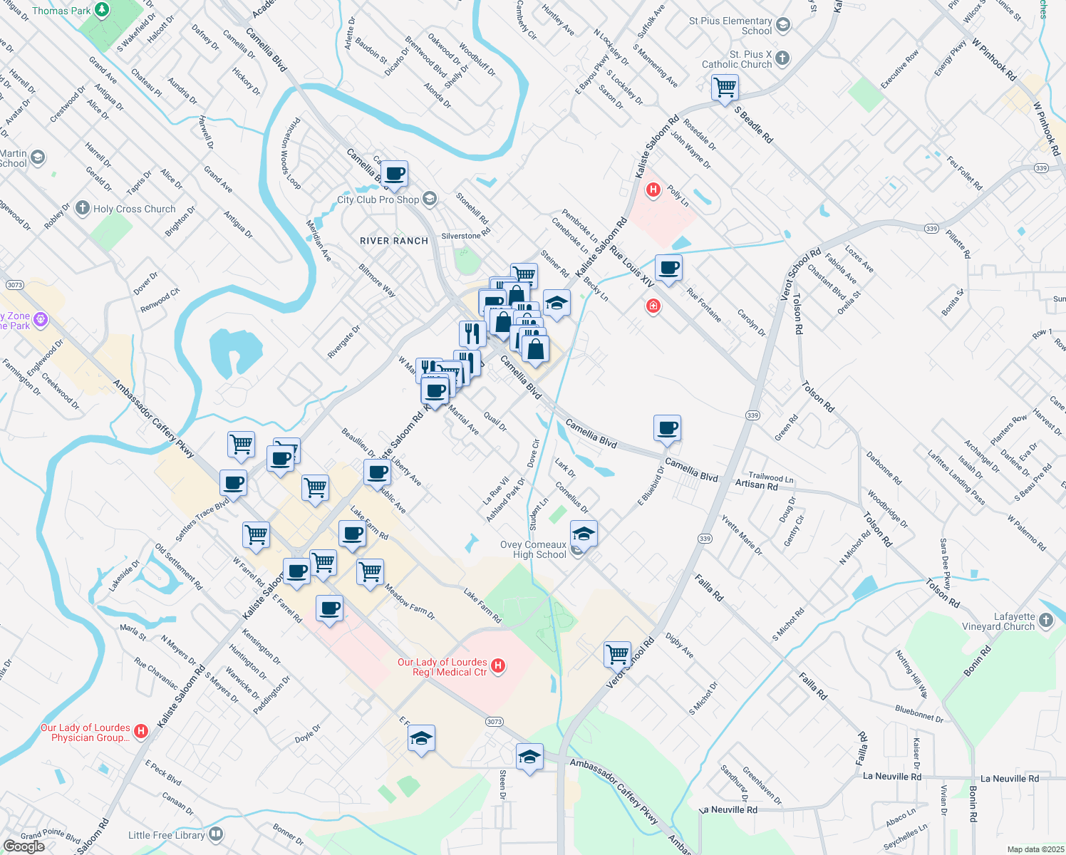 map of restaurants, bars, coffee shops, grocery stores, and more near 115 Dove Circle in Lafayette