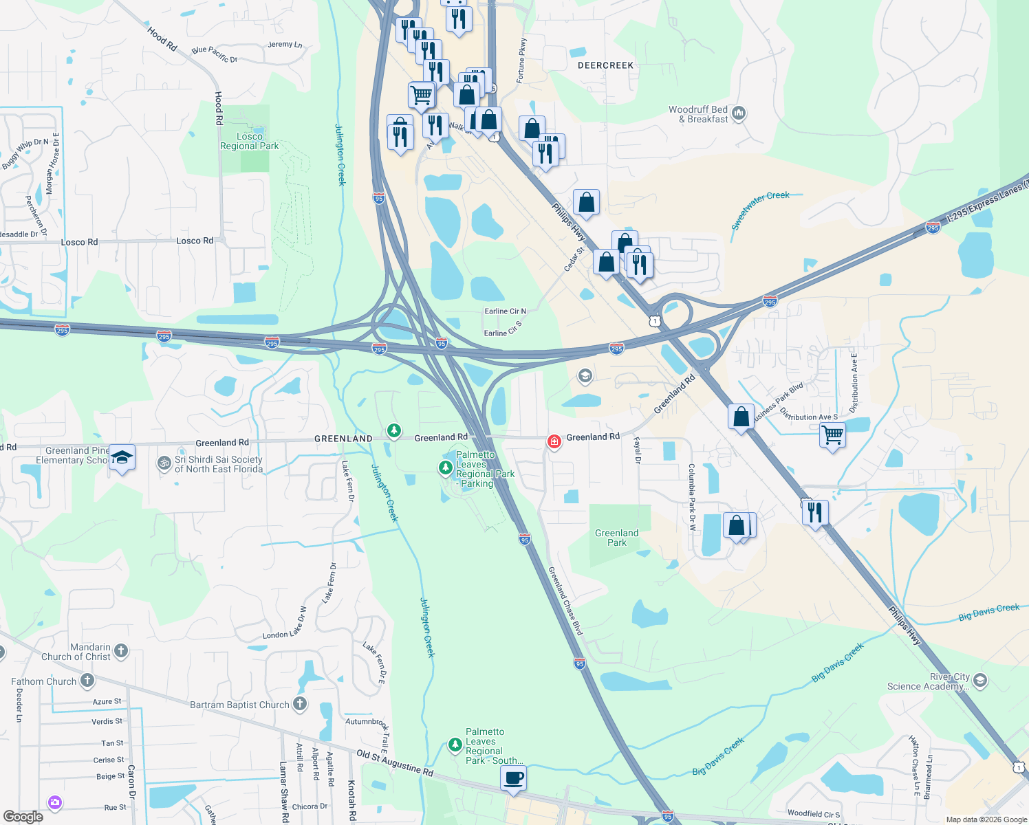 map of restaurants, bars, coffee shops, grocery stores, and more near 11560 Ayala Road in Jacksonville