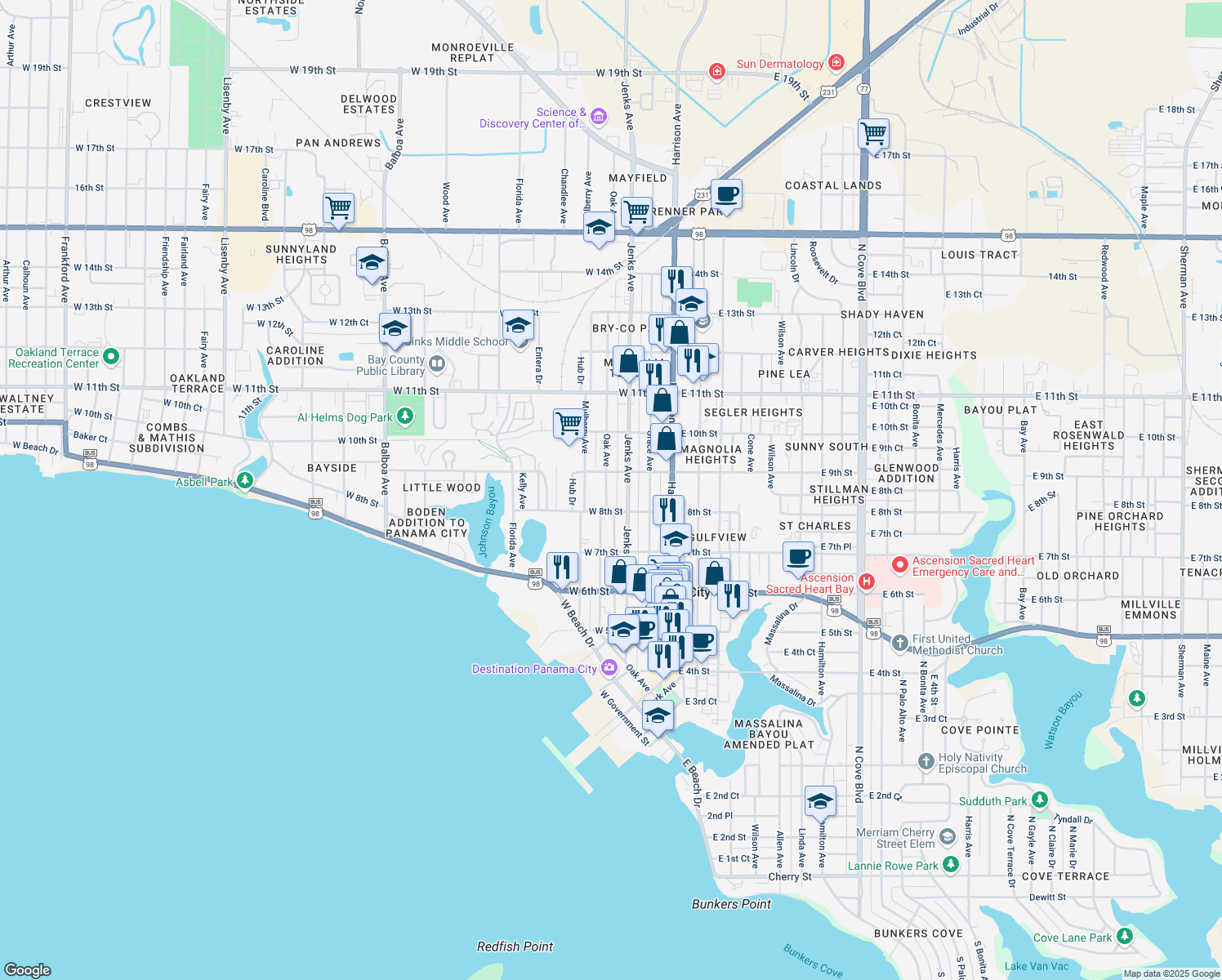 map of restaurants, bars, coffee shops, grocery stores, and more near 832 Oak Ave in Panama City
