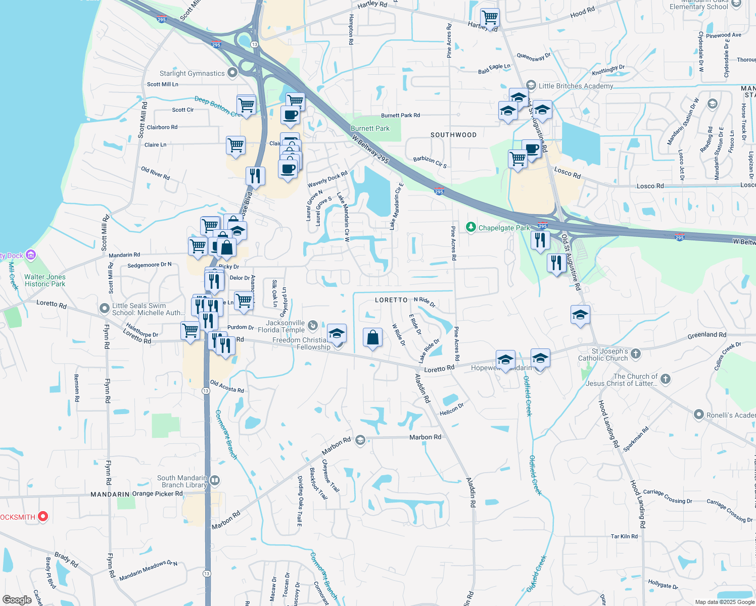 map of restaurants, bars, coffee shops, grocery stores, and more near 11510 North Ride Circle East in Jacksonville