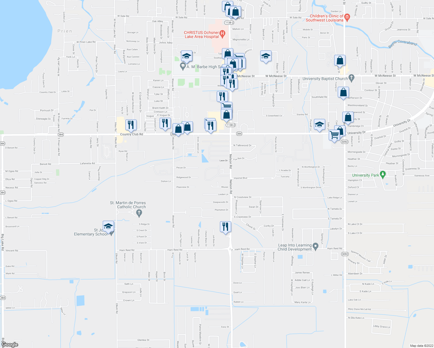 map of restaurants, bars, coffee shops, grocery stores, and more near 5200 Nelson Road in Lake Charles