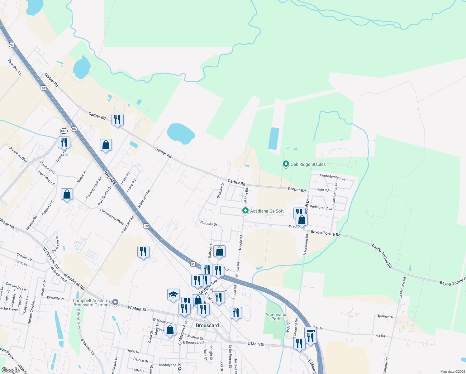map of restaurants, bars, coffee shops, grocery stores, and more near 119 Tulip Tree Ln in Broussard