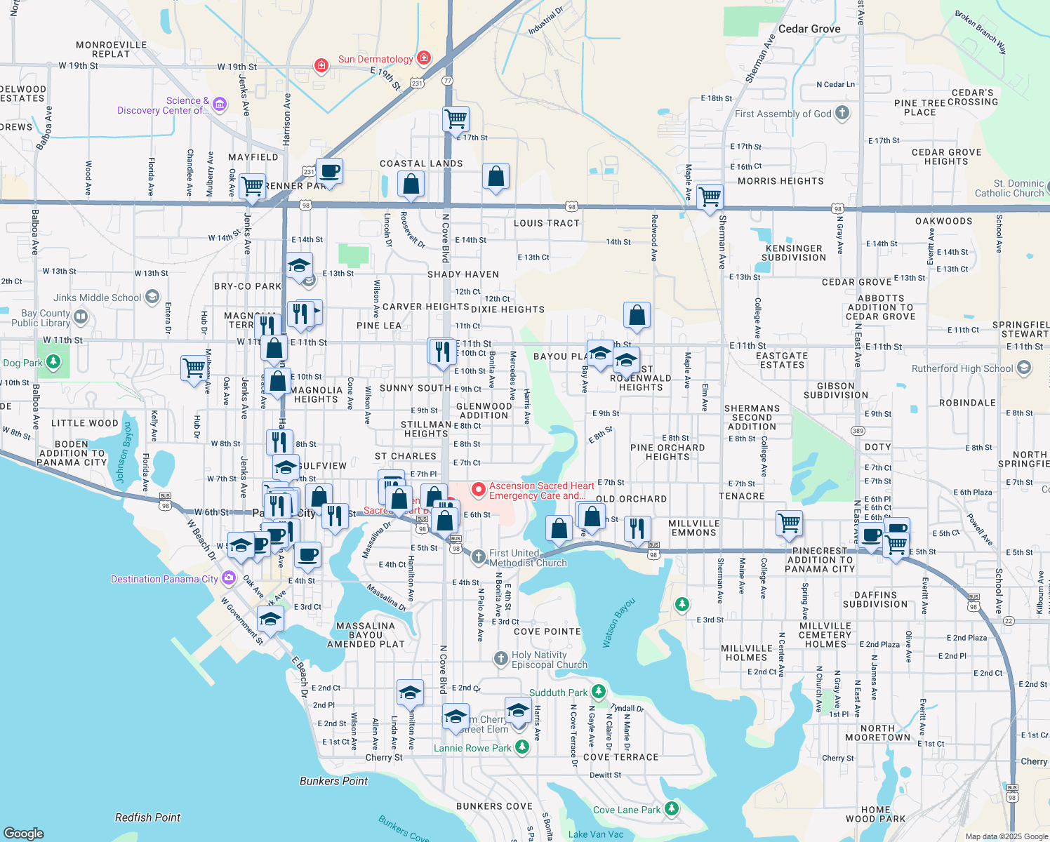 map of restaurants, bars, coffee shops, grocery stores, and more near 1025 East 8th Court in Panama City