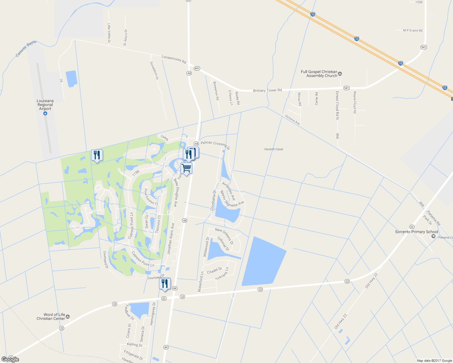 map of restaurants, bars, coffee shops, grocery stores, and more near 41120 Avoyelles Avenue in Gonzales