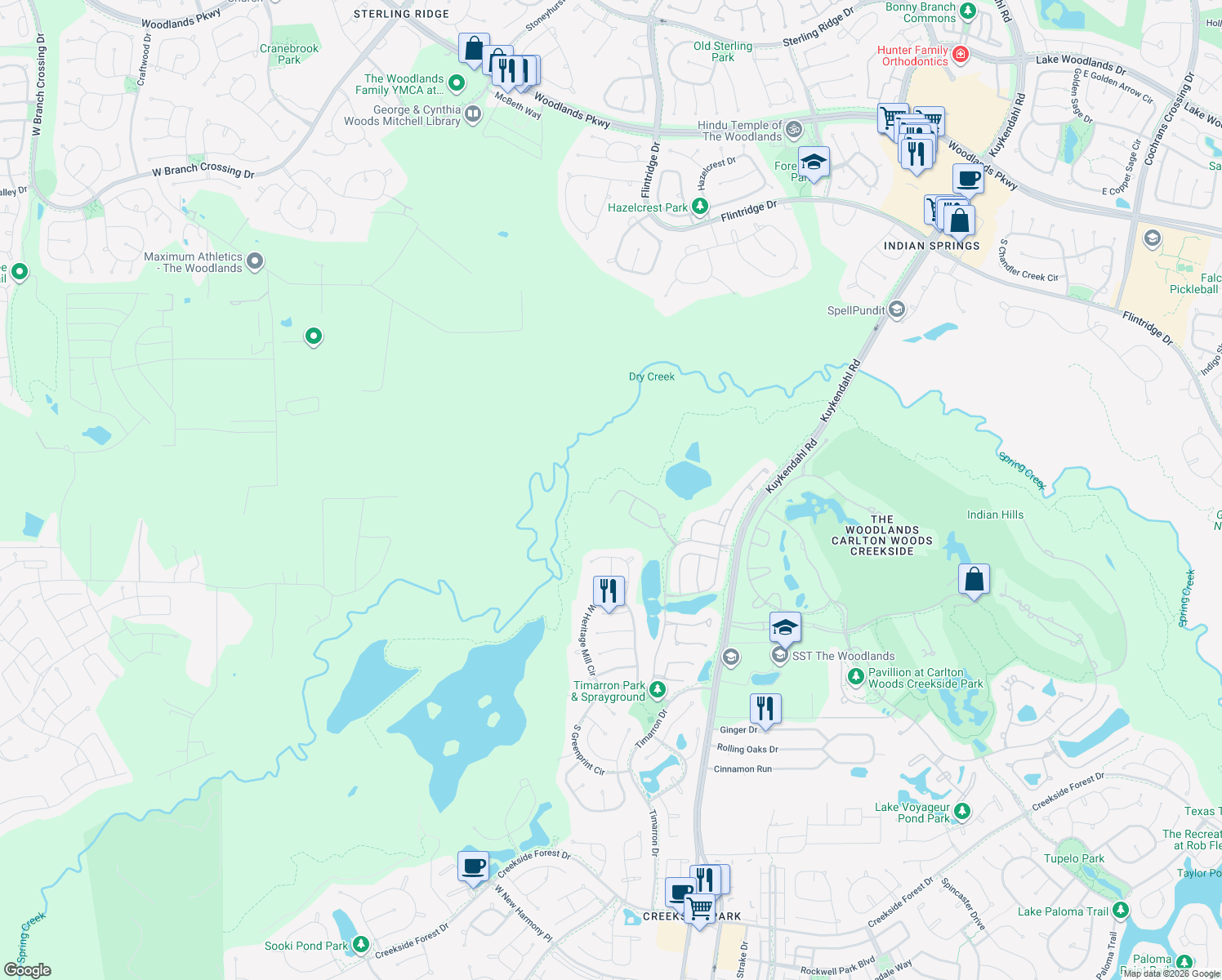 map of restaurants, bars, coffee shops, grocery stores, and more near 70 Lake Reverie Place in The Woodlands