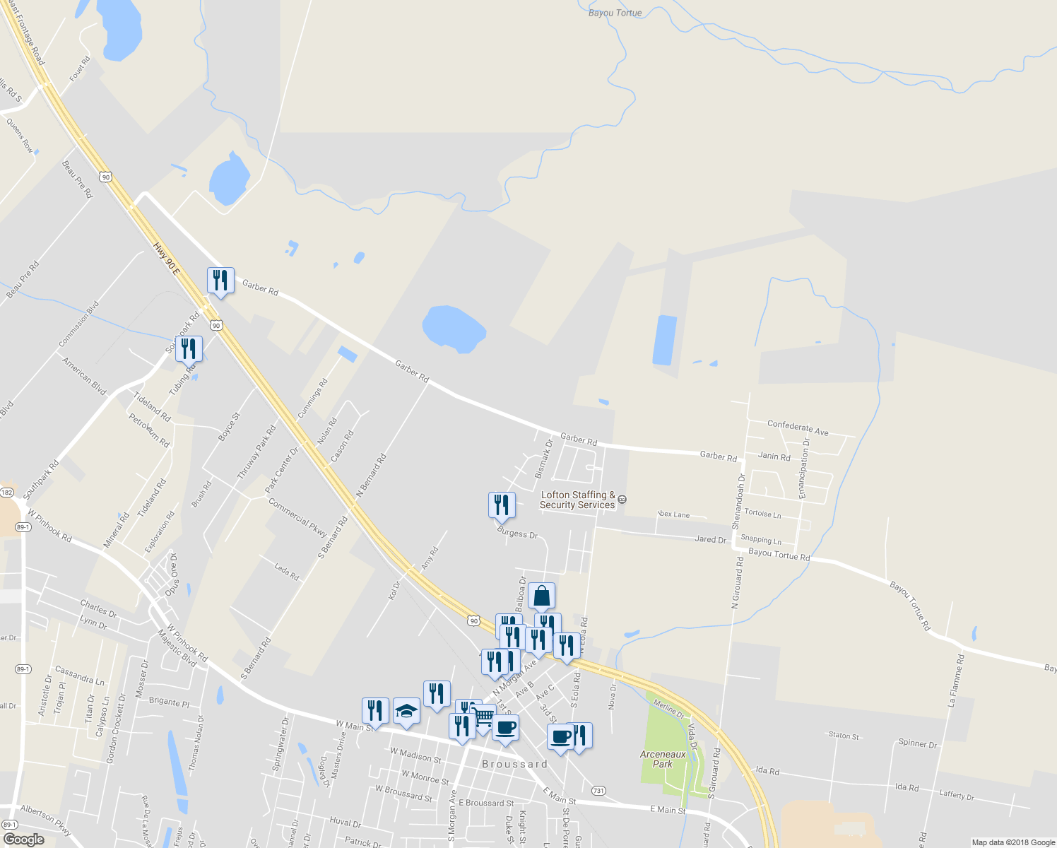 map of restaurants, bars, coffee shops, grocery stores, and more near 1106 Garber Road in Broussard