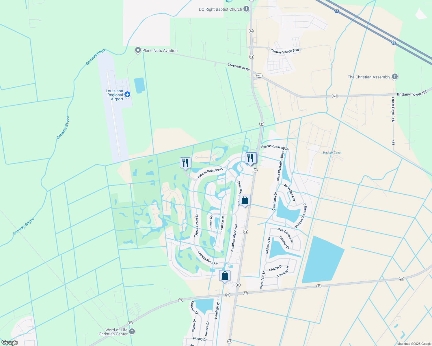 map of restaurants, bars, coffee shops, grocery stores, and more near 40230 Pelican Point Pkwy in Gonzales