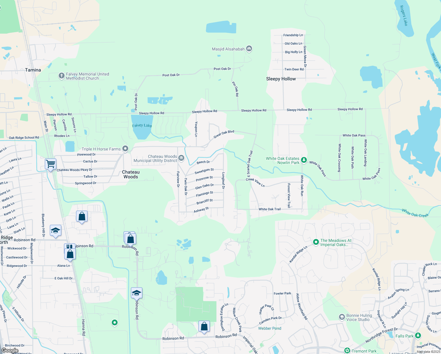 map of restaurants, bars, coffee shops, grocery stores, and more near 1324 Primrose St in Conroe