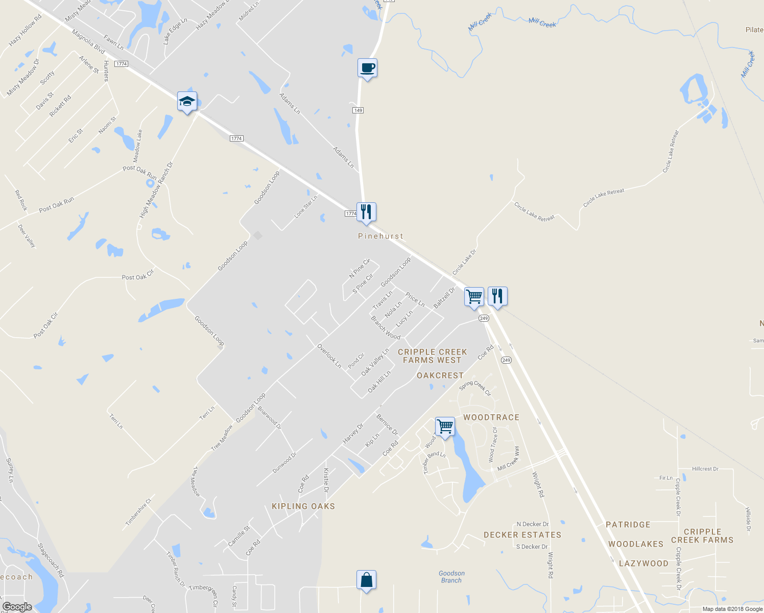 map of restaurants, bars, coffee shops, grocery stores, and more near 411 Travis Lane in Pinehurst