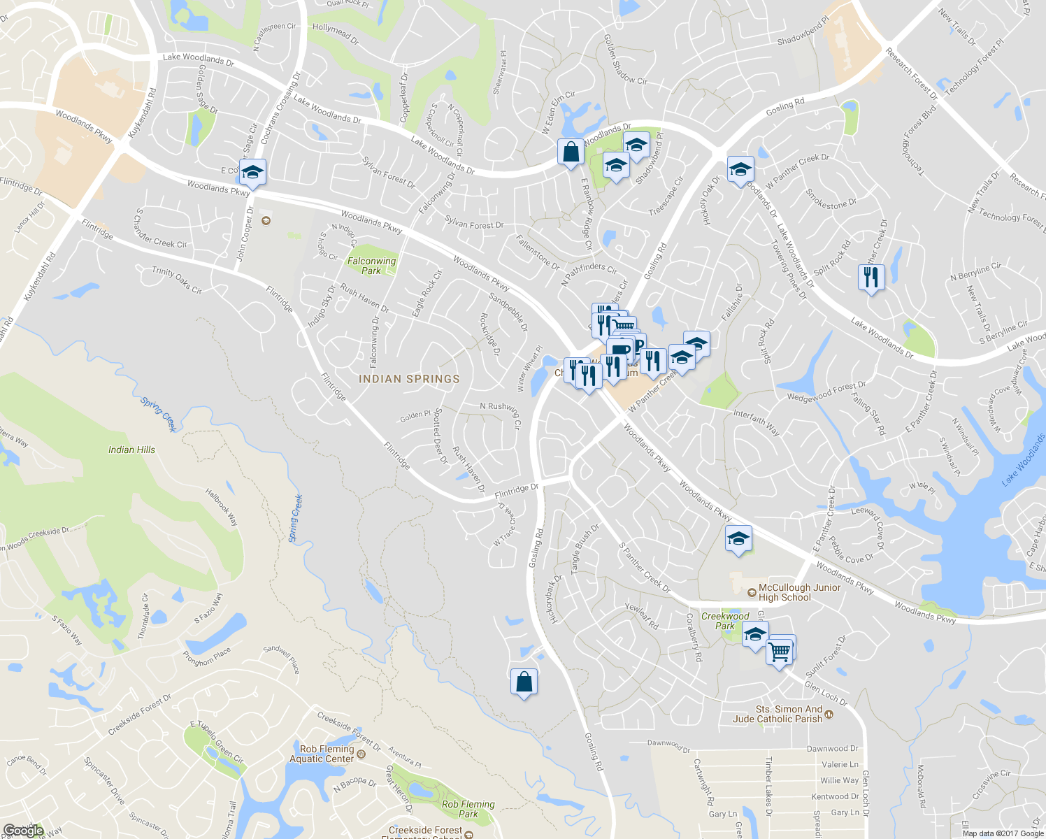 map of restaurants, bars, coffee shops, grocery stores, and more near 89 North Rushwing Circle in Spring