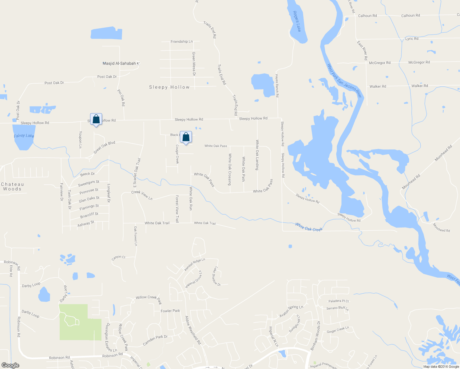 map of restaurants, bars, coffee shops, grocery stores, and more near 11983 White Oak Crossing in Conroe