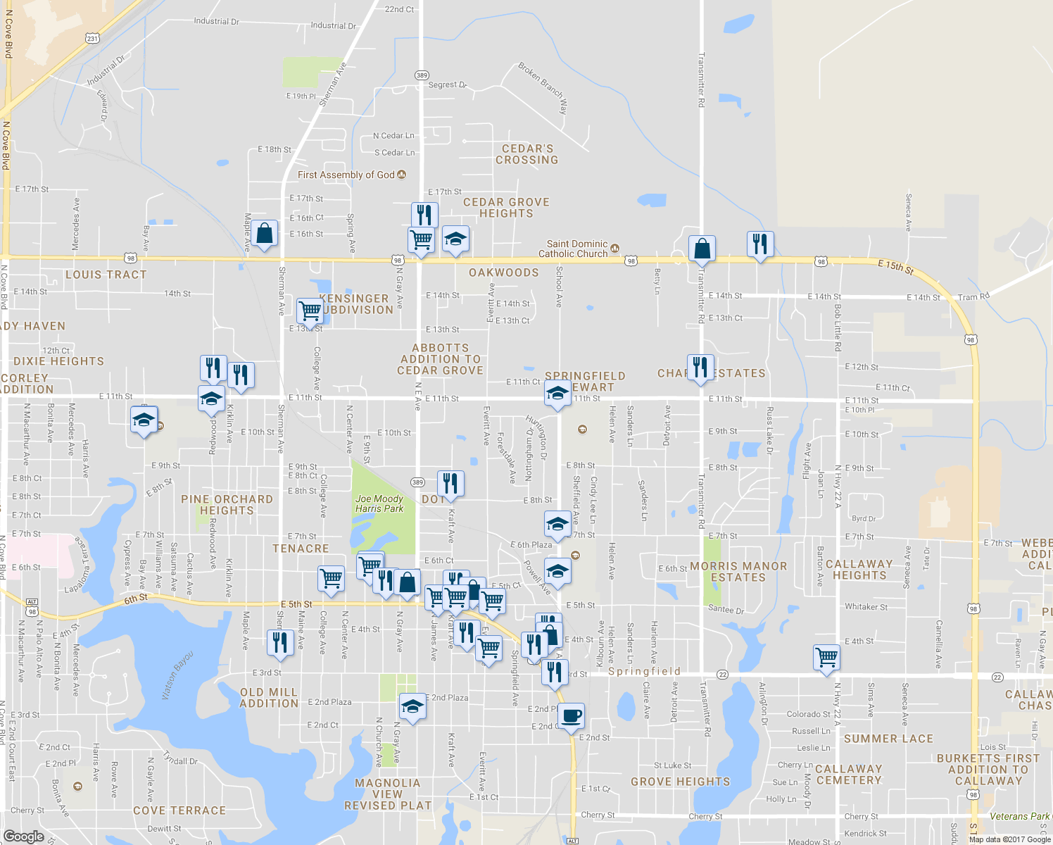 map of restaurants, bars, coffee shops, grocery stores, and more near 1007 Huntington Drive in Panama City