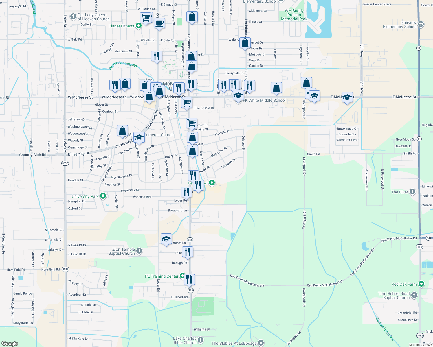 map of restaurants, bars, coffee shops, grocery stores, and more near 714 Rampart St in Lake Charles