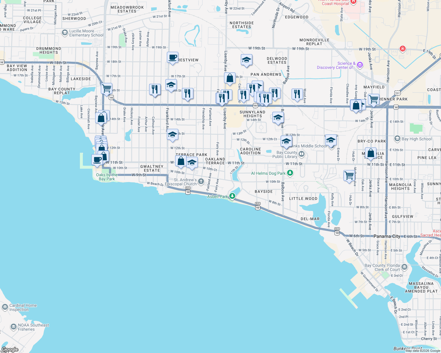 map of restaurants, bars, coffee shops, grocery stores, and more near 1434 West 10th Street in Panama City